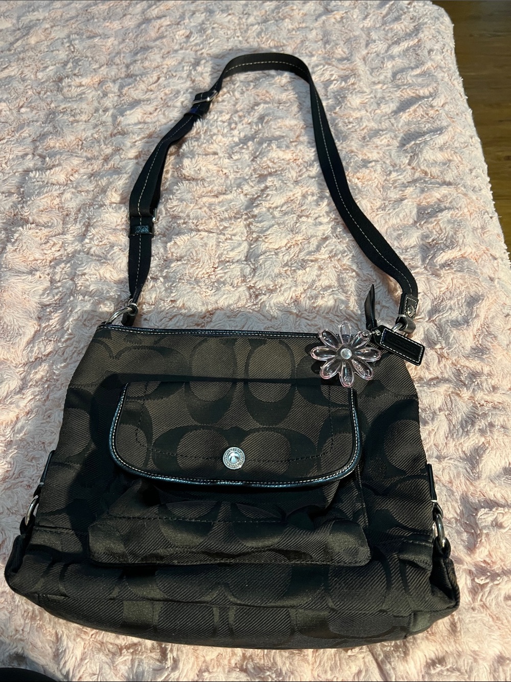 Coach Black Signature Crossbody Shoulder Bag with Floral Charm